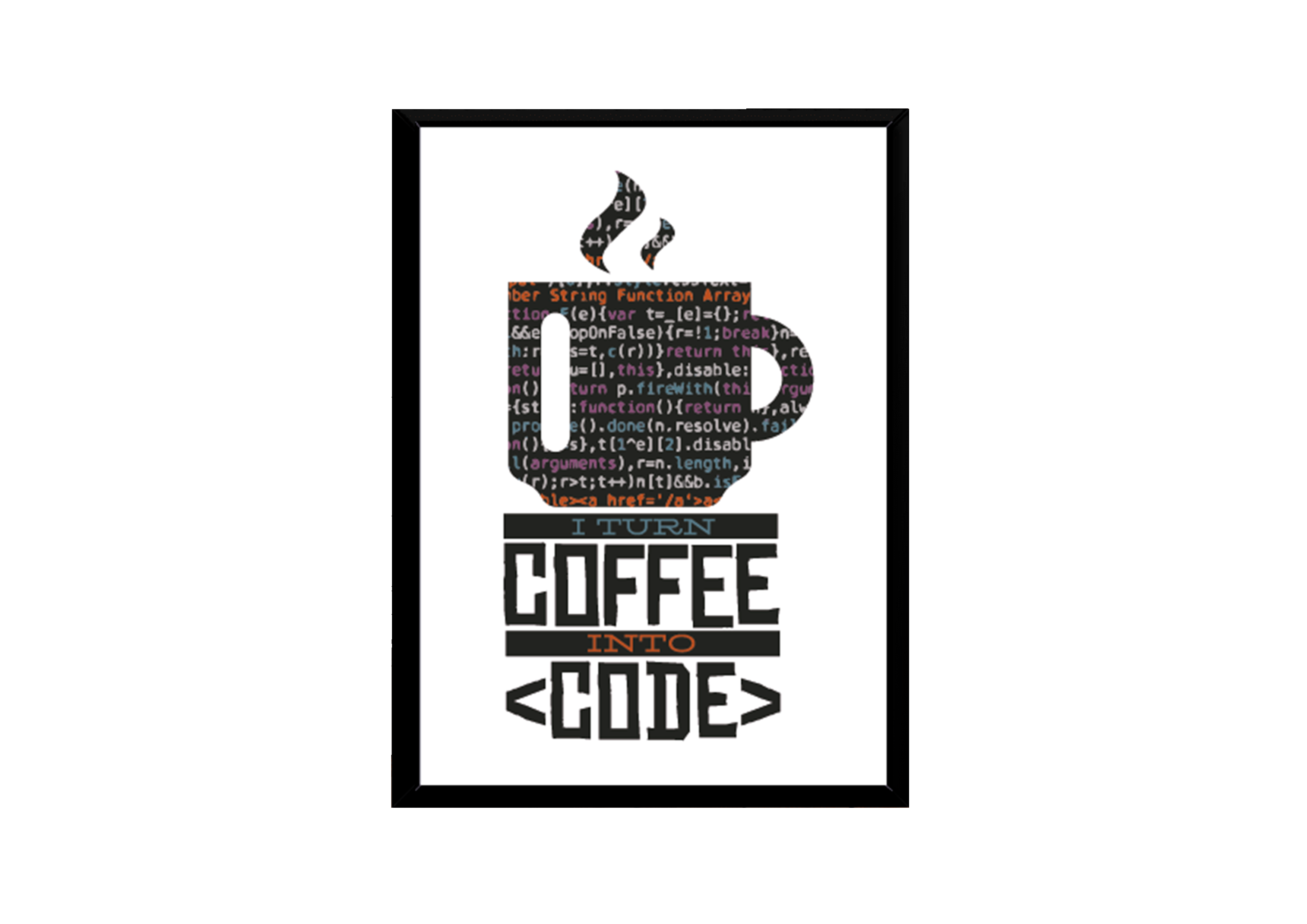 Quadro com fundo branco, um chicará de café feita em códigos