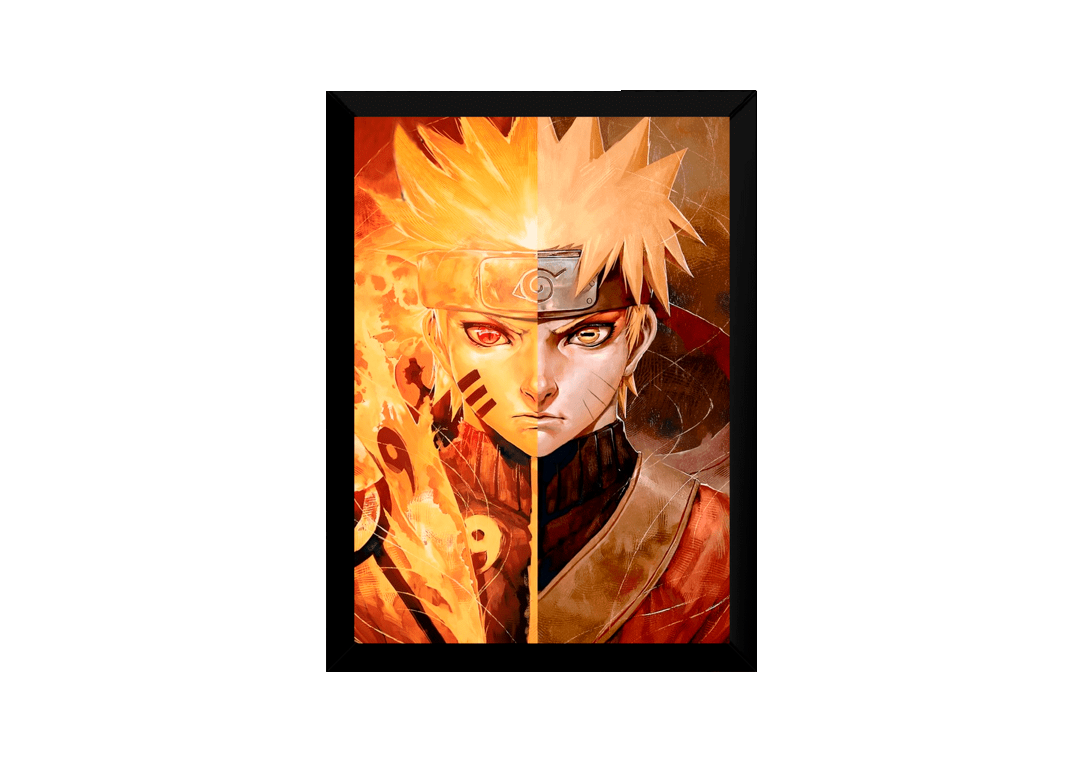 quadro com a ilustração do naruto divido no meio do rosto dele, o lado direito é o modo sabio e o lado esquerdo o modo kurama