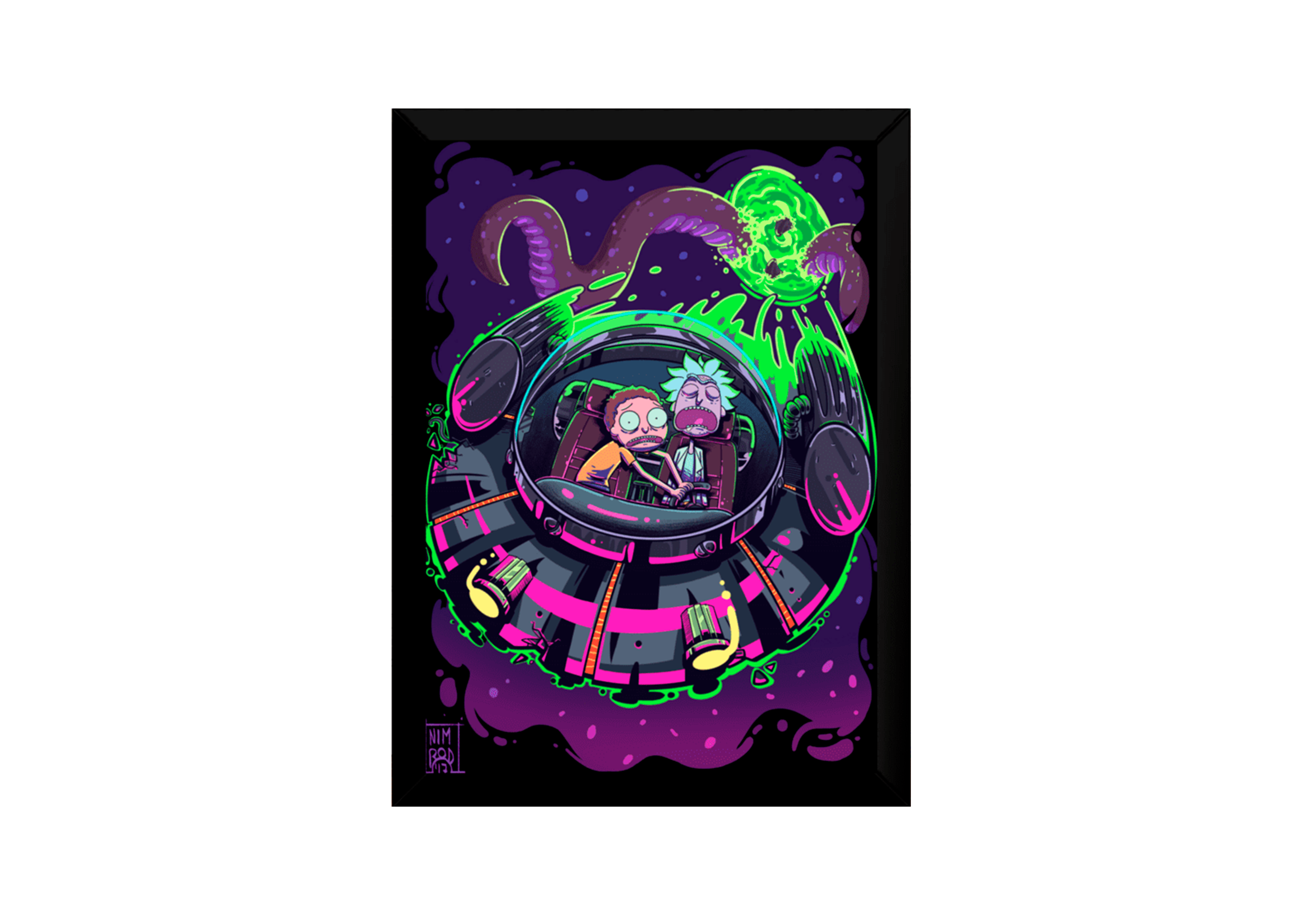 quadro com a ilustração do Rick and Morty em tons pretos, rochos e verdes.