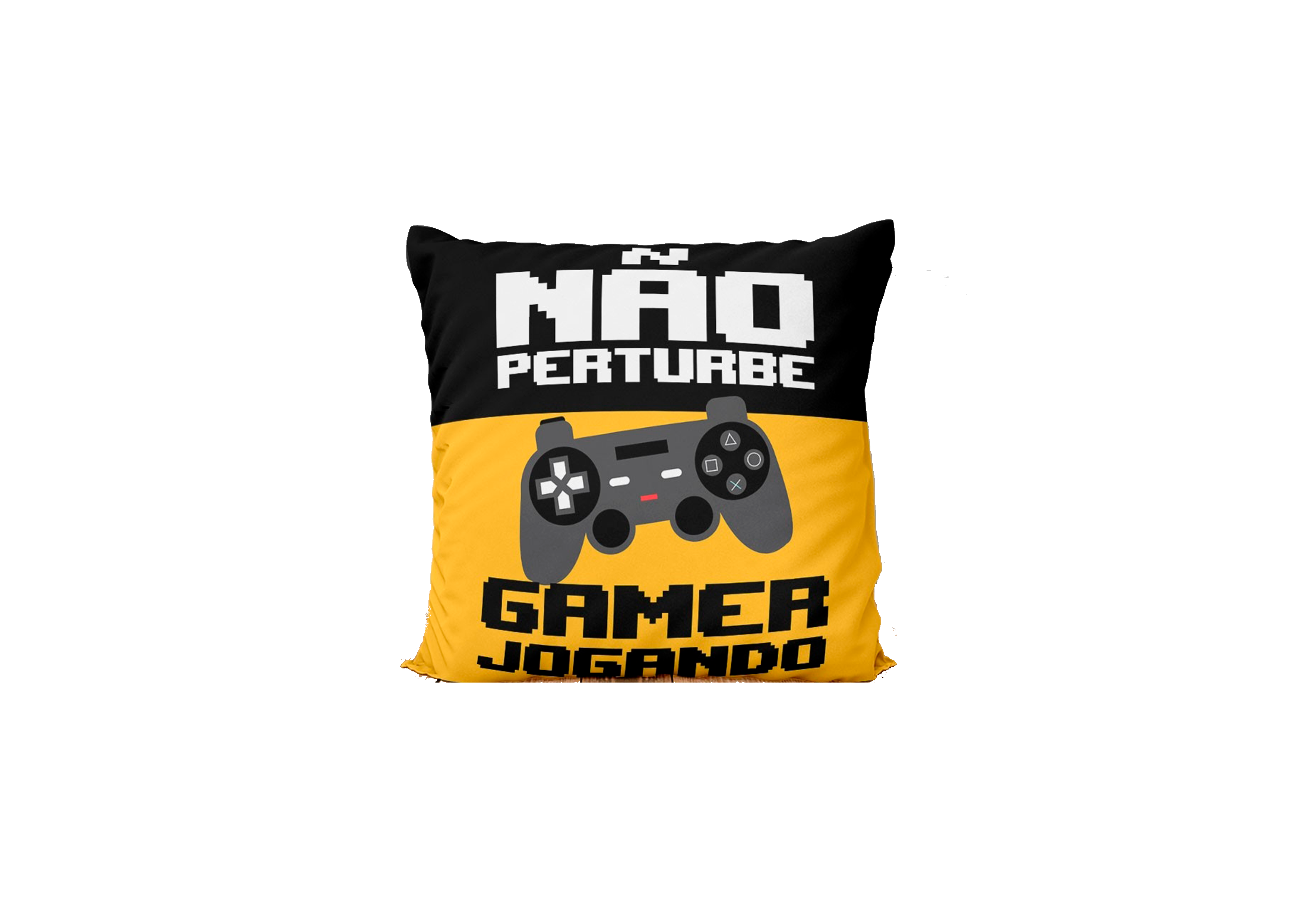 almofada preta e amarela, escrita não pertube, gamer jogando