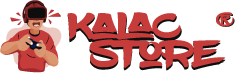Logotipo KalacStore com fonte amarela sombreado de preto com uma ilustração ao lado esquerdo de uma jovem jogando video game com um VR